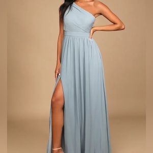 Lulu’s Lovely Endings Dusty Blue One-Shoulder Pleated Maxi Dress